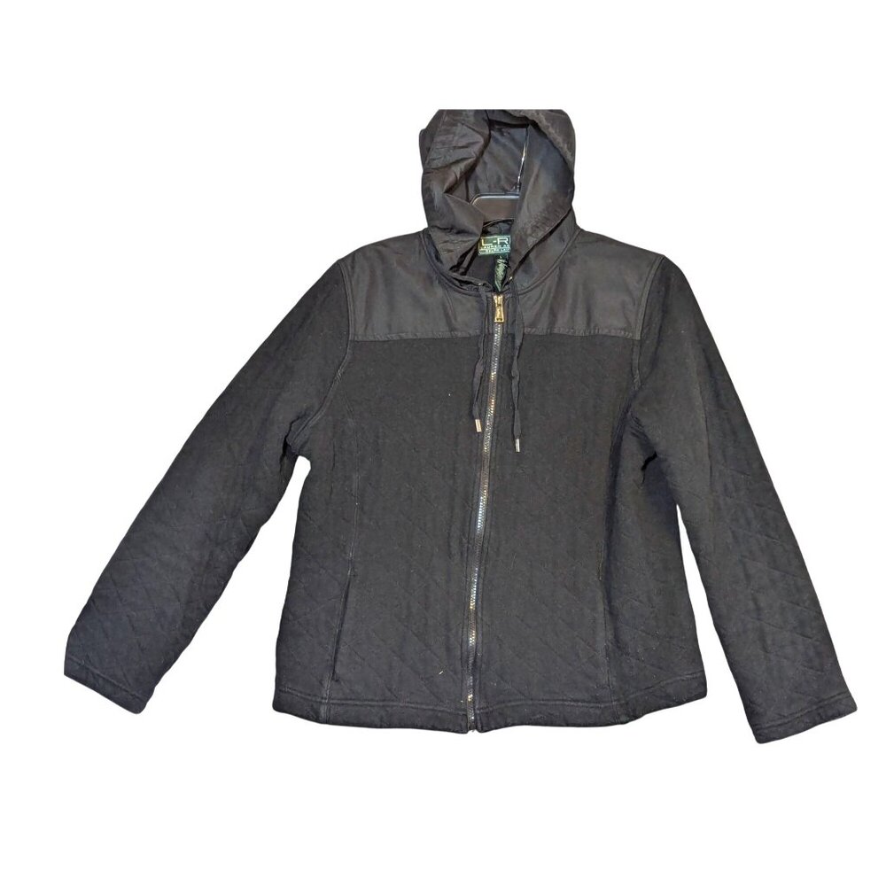 Ralph Lauren L-RL Womens Quilted Black Hooded Jacket W/ Zip Front & Polyester Ac